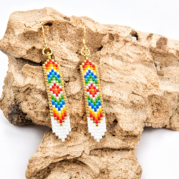Colourful Hand Beaded Earrings - Rainbow Geometric Bead Earrings 