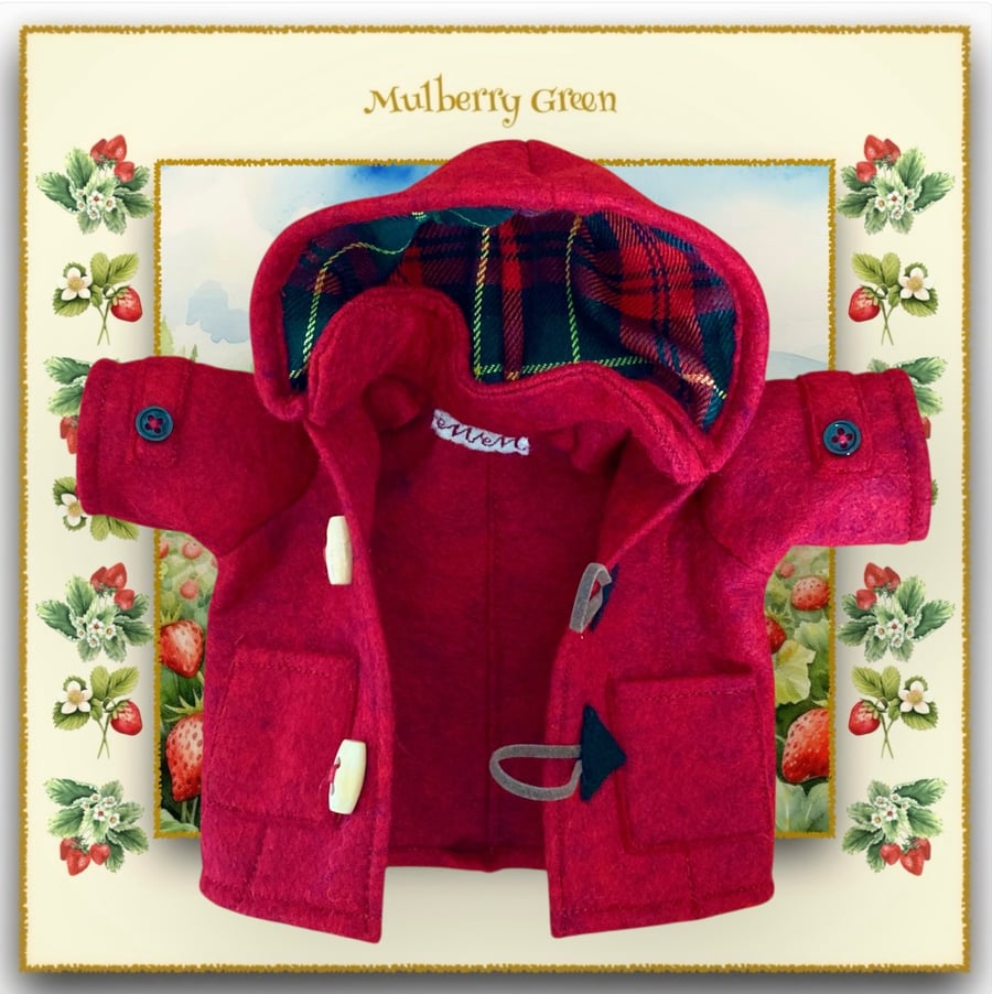 A Bright Red Duffle Coat with a Tartan Lined Hood