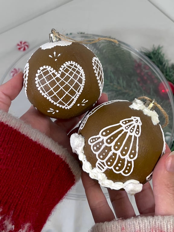 Christmas Tree Balls Decorations Gingerbread Style Hand Painted Handmade