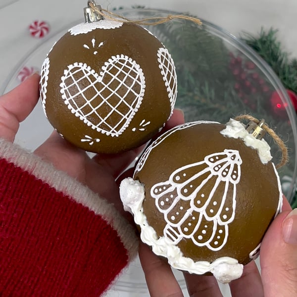 Christmas Tree Balls Decorations Gingerbread Style Hand Painted Handmade