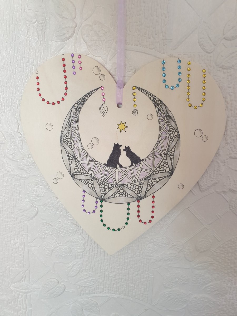 Dogs on a moon hanging wooden heart