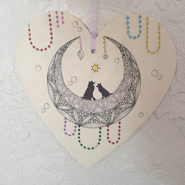 Dogs on a moon hanging wooden heart