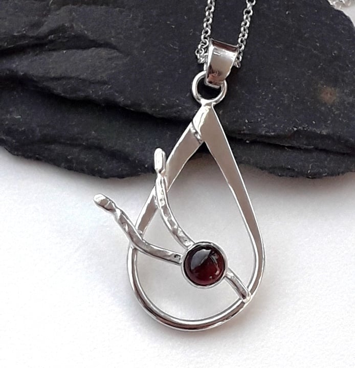 Garnet Raindrop Necklace Sterling Silver Handmade Hallmarked 