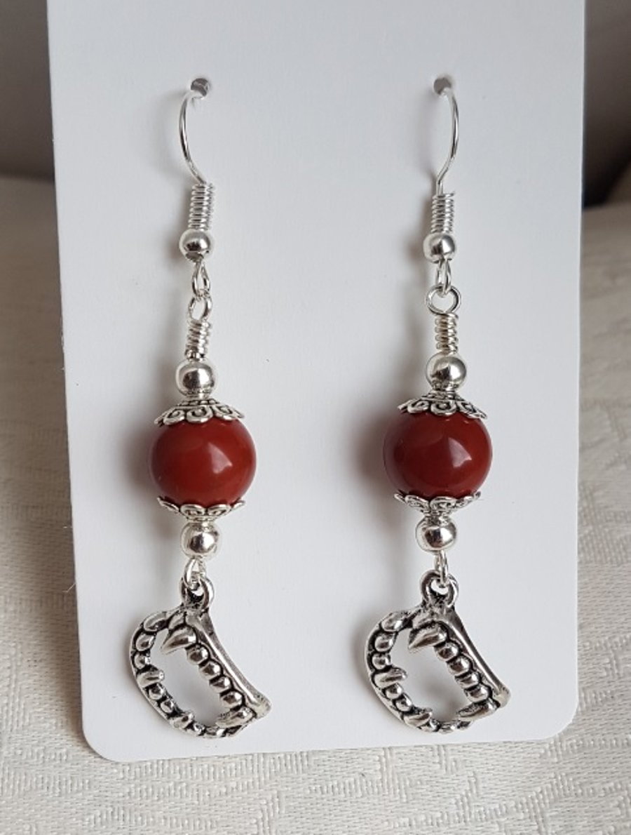 Gorgeous Red Jasper and Fangs Earrings.