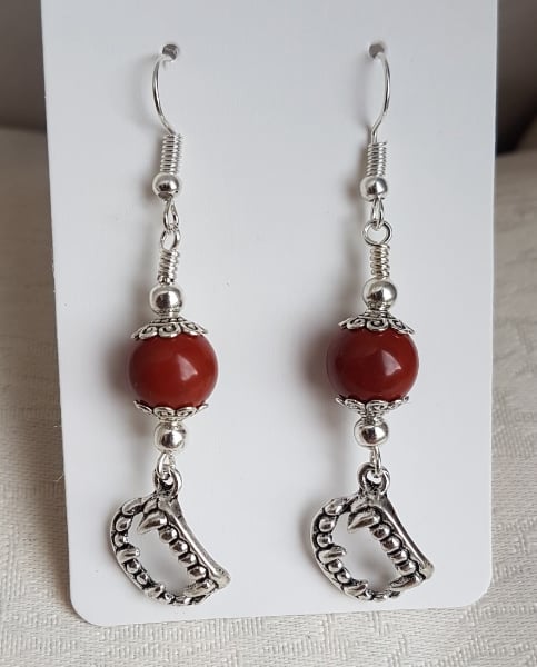 Gorgeous Red Jasper and Fangs Earrings.