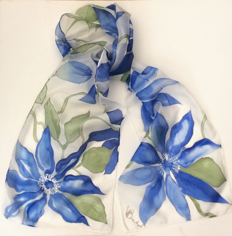 Blue Clematis  hand  painted silk scarf 