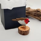 Handmade Etched Fused Glass Robin on Small Yew Wood Stand