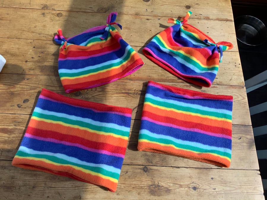 Rainbow Fleece Beanie Hat or Rainbow Fleece neck warmer. 