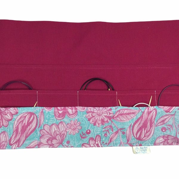 Circular needle case for short needles in floral print, needle wallet, fixed 16”