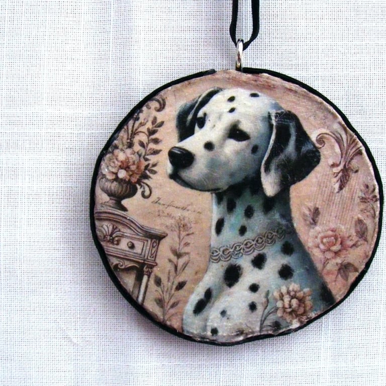 Dalmatian decoupaged log slice wall decoration