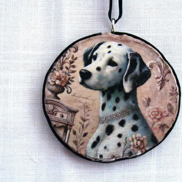 Dalmatian decoupaged log slice wall decoration