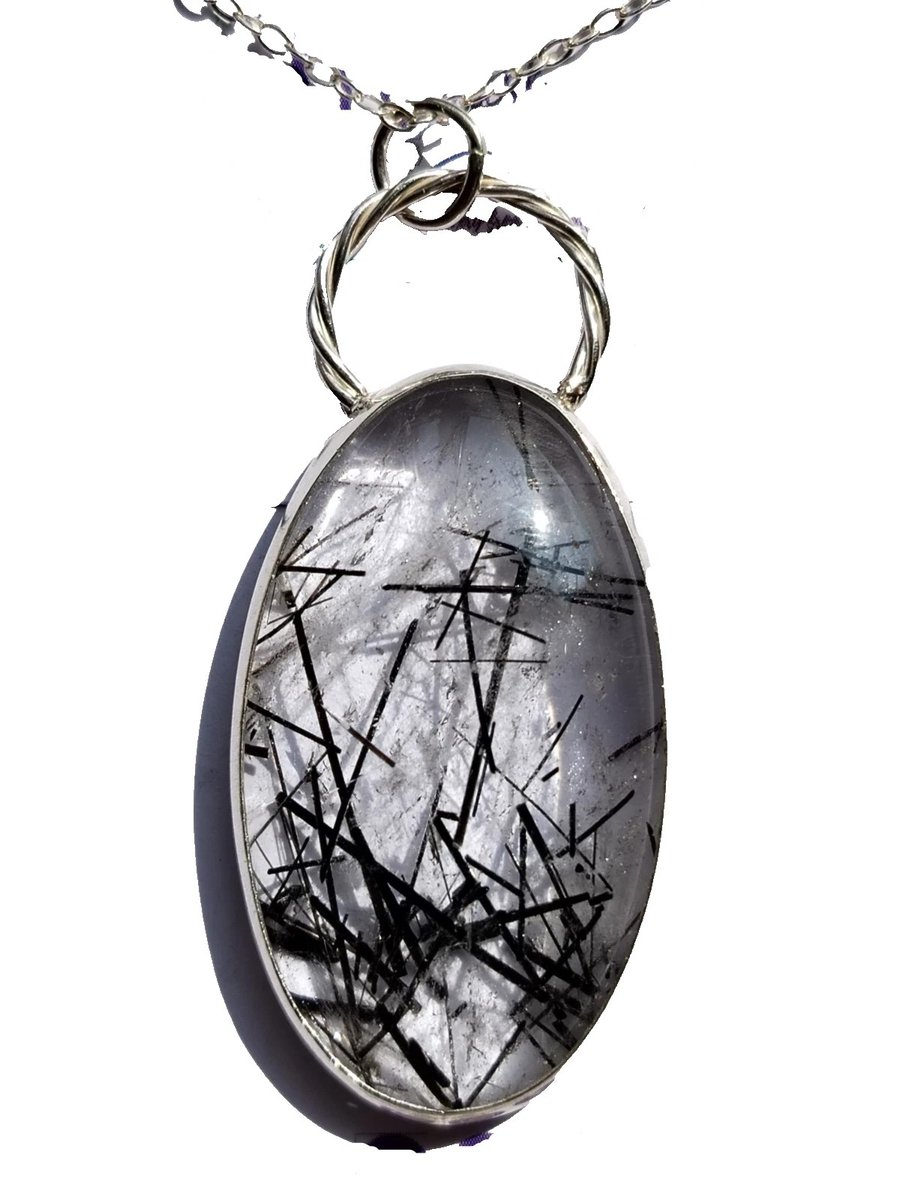 Tourmaline in Quartz Necklace Silver Jewellery Gift Large Oval Statement Pendant