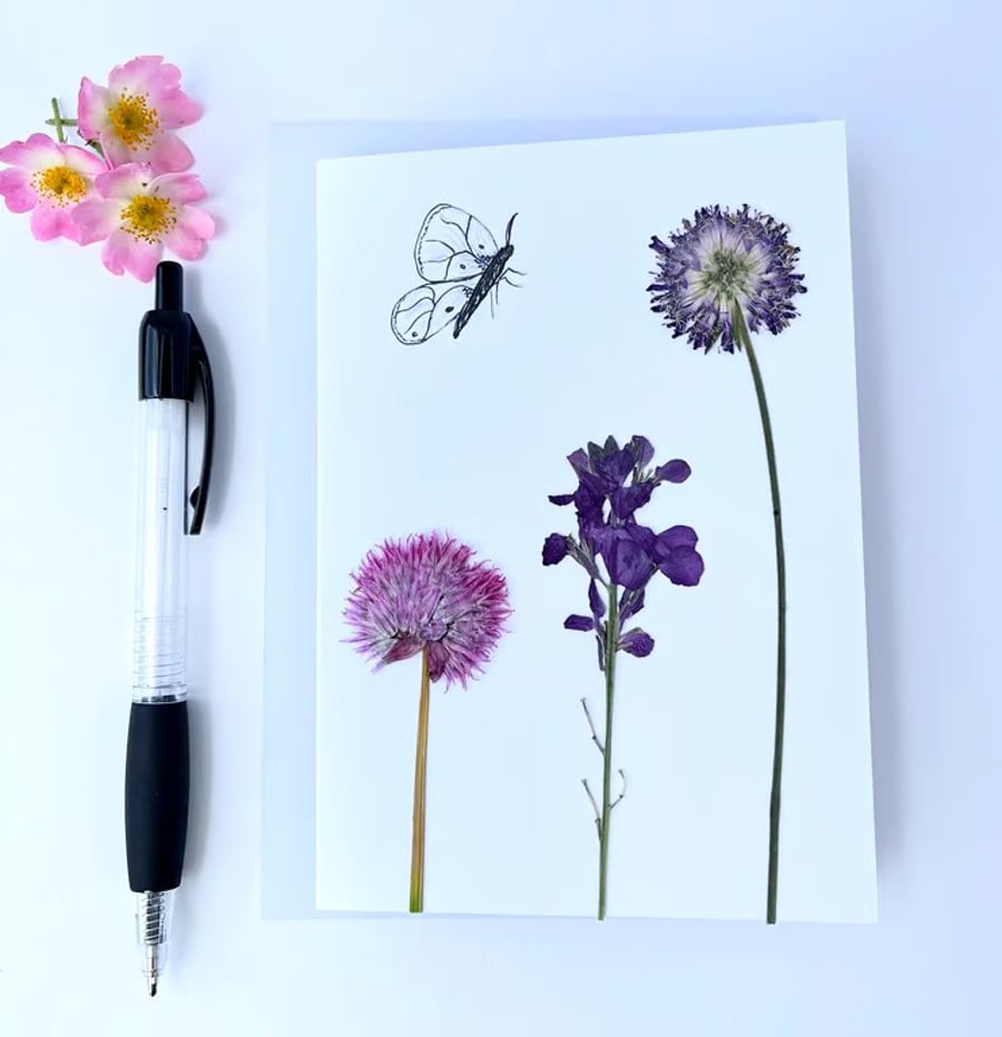 Handmade Real Pressed Flower and hand drawn Butterfly Greeting Card