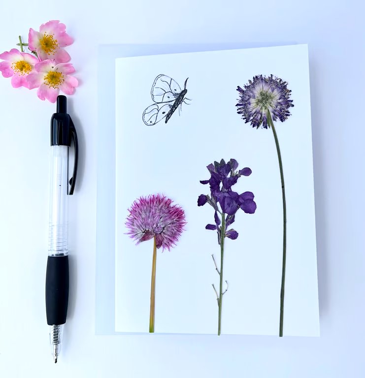 Handmade Real Pressed Flower and hand drawn Butterfly Greeting Card