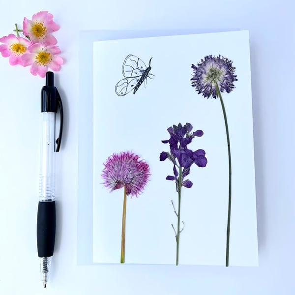 Handmade Real Pressed Flower and hand drawn Butterfly Greeting Card