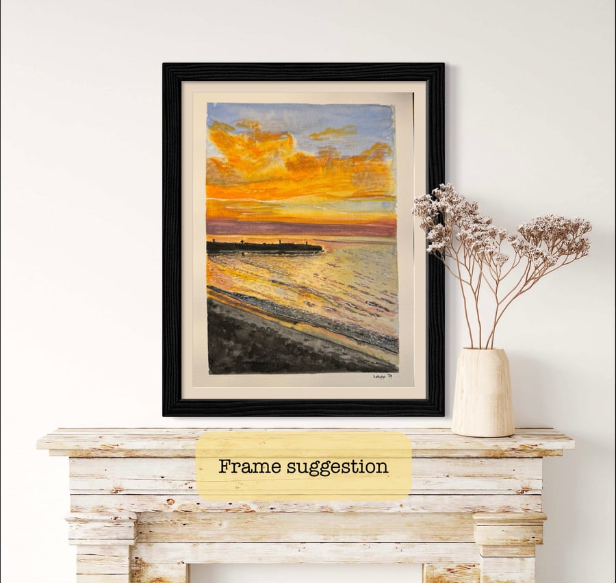 Original Sunset watercolor painting- black frame included
