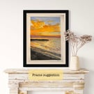 Original Sunset watercolor painting- black frame included