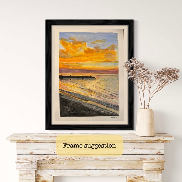 Original Sunset watercolor painting- black frame included