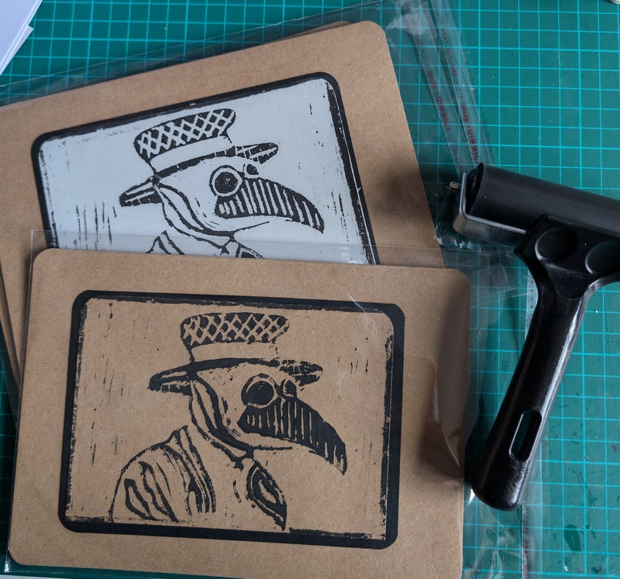 Plague Doctor Lino Print Card - Hand printed Card A5 