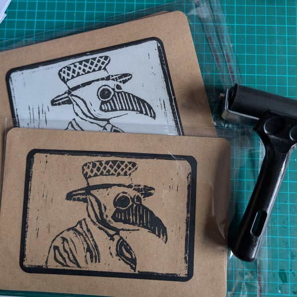 Plague Doctor Lino Print Card - Hand printed Card A5 