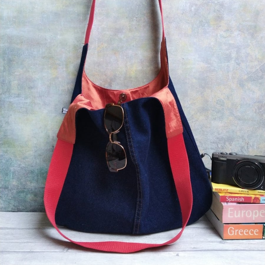 Repurposed Denim and Silk Lined Boho Shoulder Bag