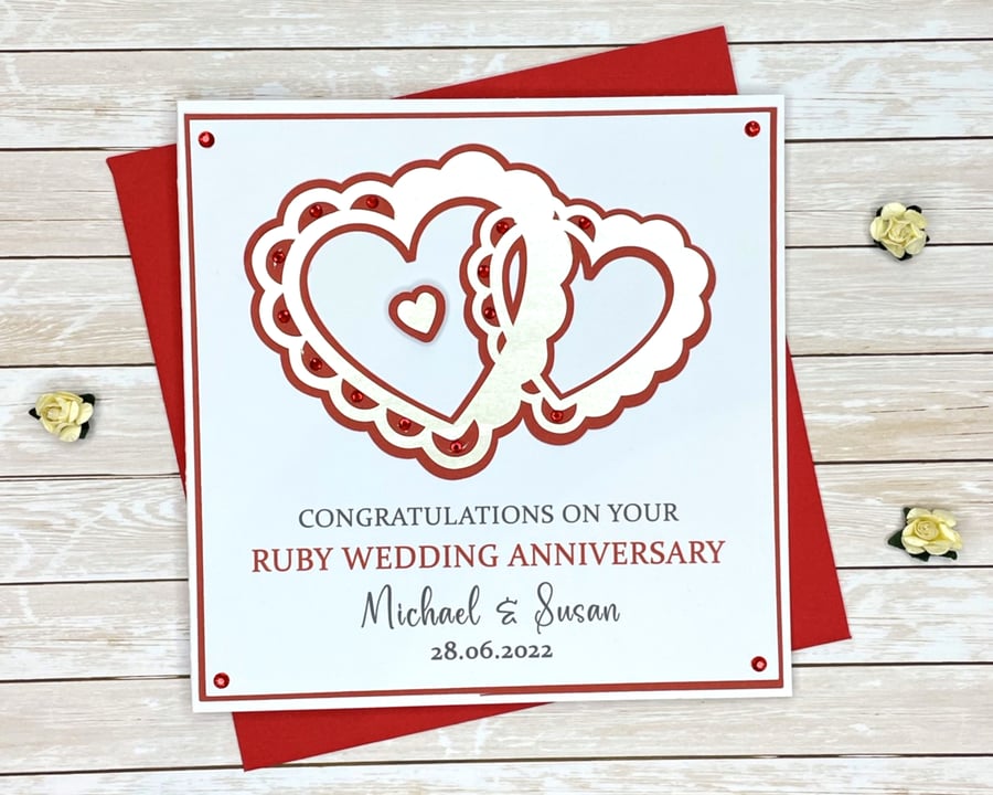 Handmade Personalised Entwined Hearts Ruby Wedding Anniversary Card 