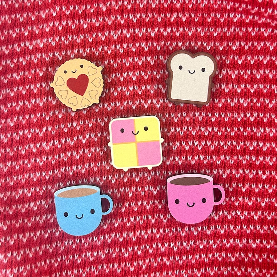 Kawaii Afternoon Tea Wooden Pin or Brooch Set - Choose Any 2