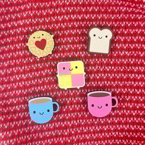Kawaii Afternoon Tea Wooden Pin or Brooch Set - Choose Any 2