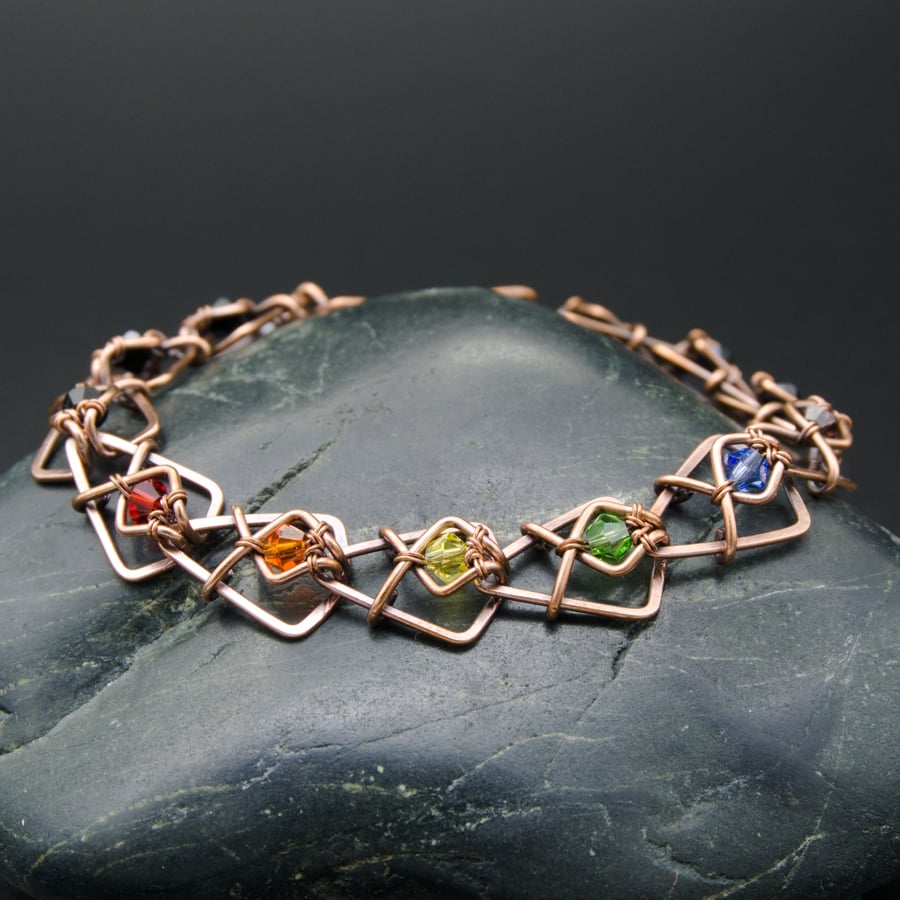 Copper Arrowhead Chain Link Bracelet with Rainbow & Black Faceted Glass Beads