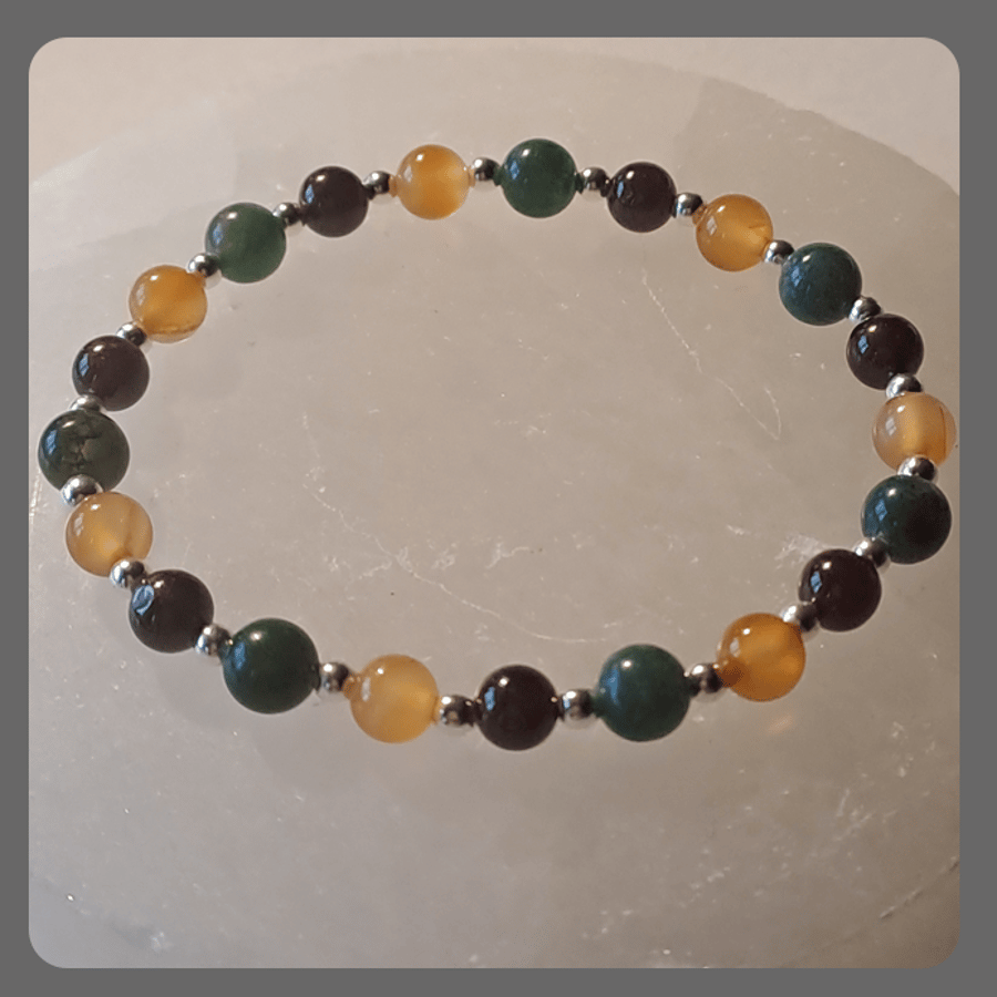 Garnet, Carnelian, Moss Agate and sterling silver bracelet
