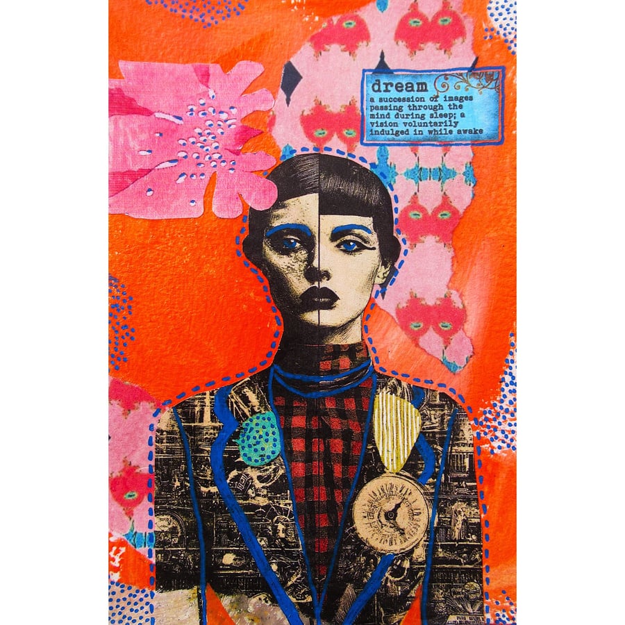 Inspirational Artwork Mixed Media Painting DREAM Small Boho Female Portrait