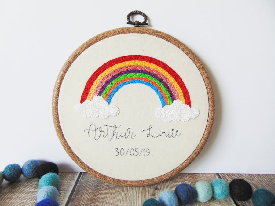 Personalised Rainbow Baby Gift, Rainbow Nursery Wall Decor, Embroidery Hoop Art
