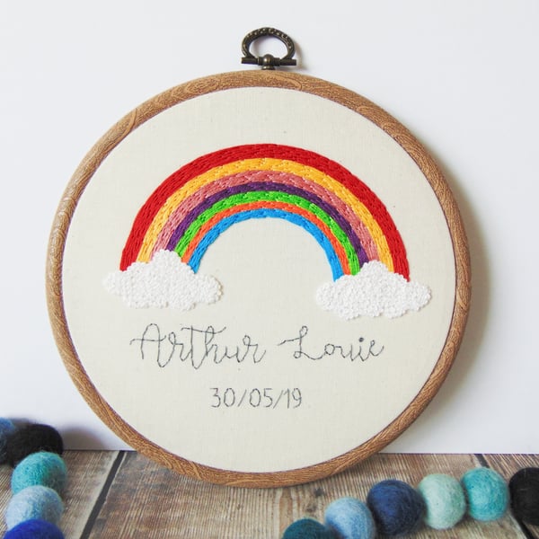 Personalised Rainbow Baby Gift, Rainbow Nursery Wall Decor, Embroidery Hoop Art