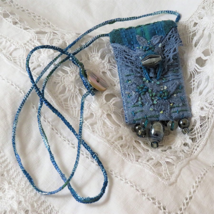  Blue and Green Textile Embroidered Keepsake Pendant vintage linen, lace, beads
