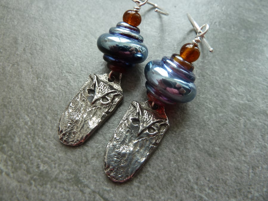 sterling silver earrings, lampwork glass and pewter owls