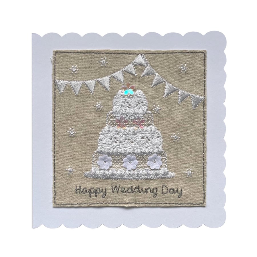 Wedding Cake Textile Card: Linen, Lace & Sequins