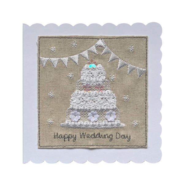 Wedding Cake Textile Card: Linen, Lace & Sequins