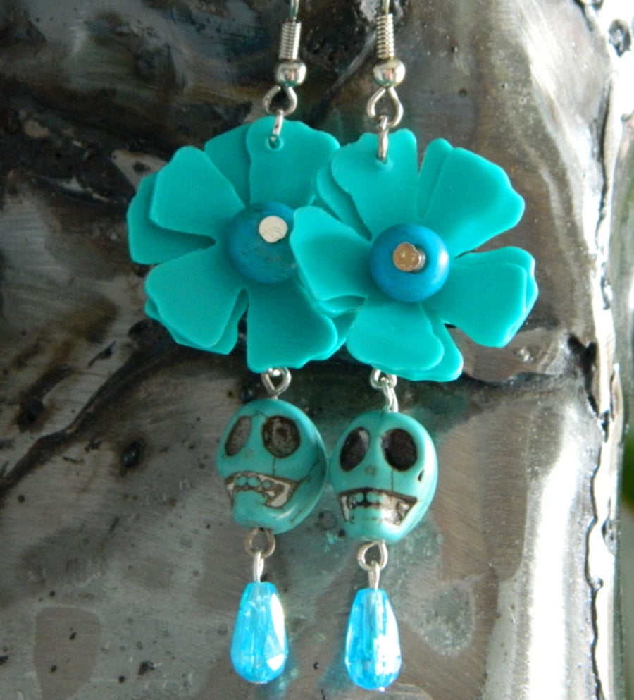 Turquoise sugar skull flower earrings using upcycled plastic- free shipping.