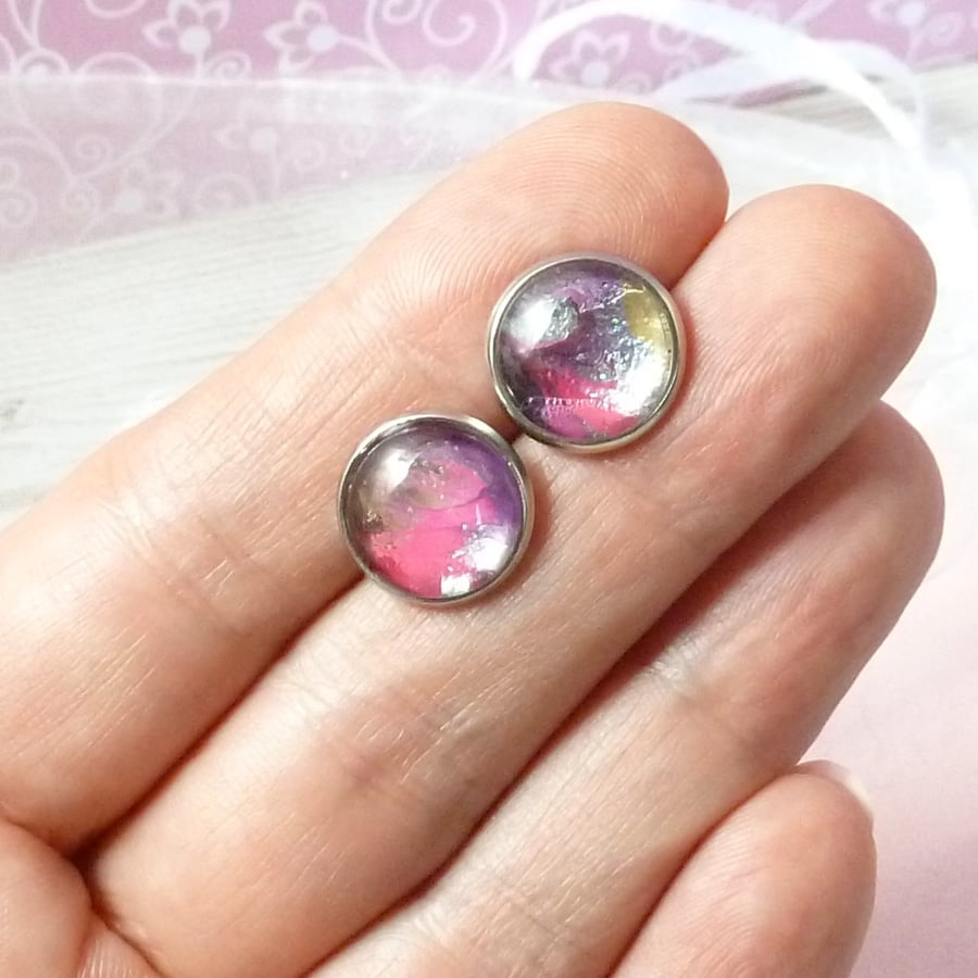 Purple, silver, gold and pink swirl studs. One of a kind stud earrings.