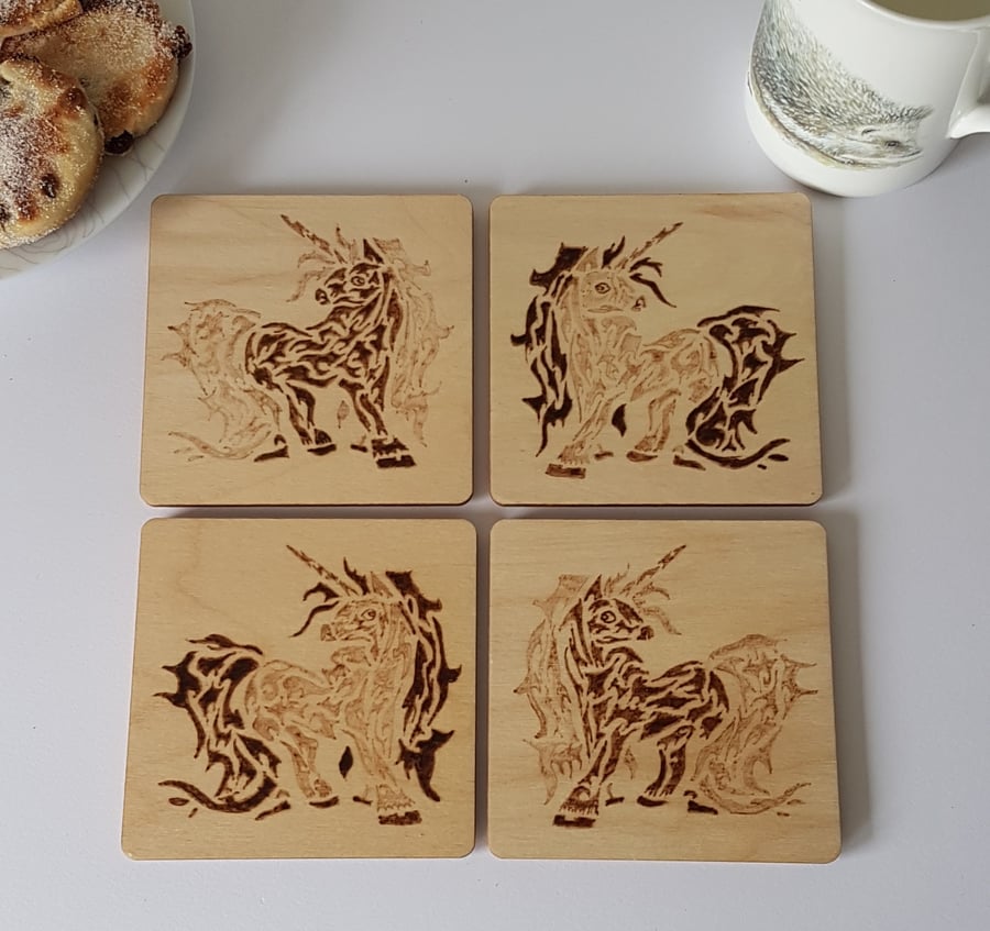 Wooden Unicorn Coaster set