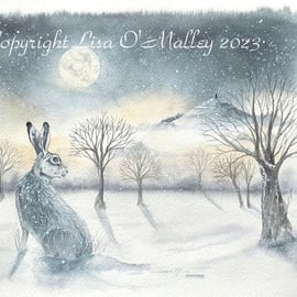 Original Watercolor Painting Winter's Moon" Glastonbury Tor, Hare