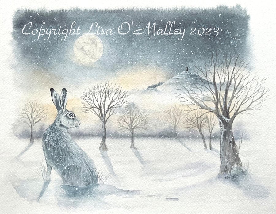 Original Watercolor Painting Winter's Moon" Glastonbury Tor, Hare