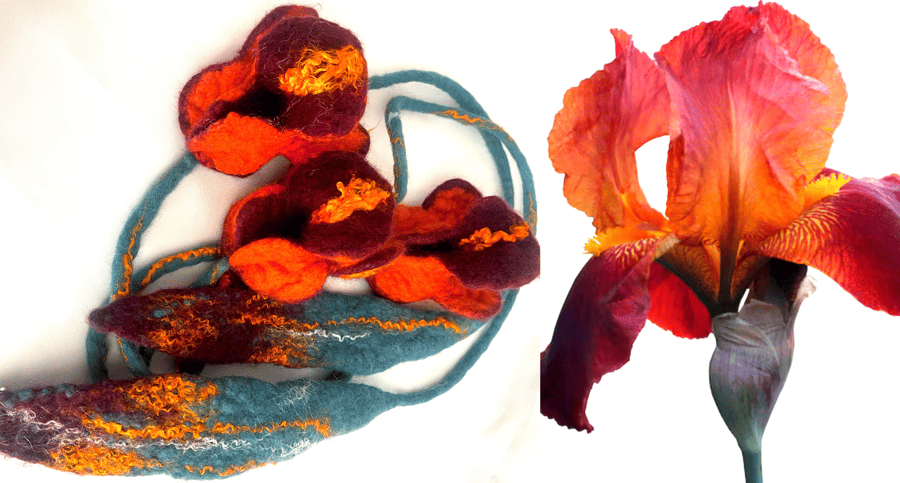 Hand Felted, Wool felted soft ART  necklace- iris-
