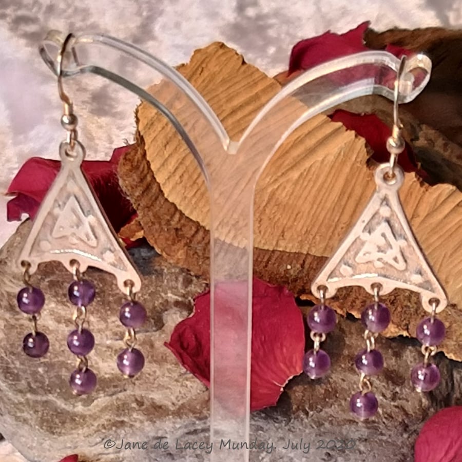 Silver Chandalier style earrings with Amethyst beads
