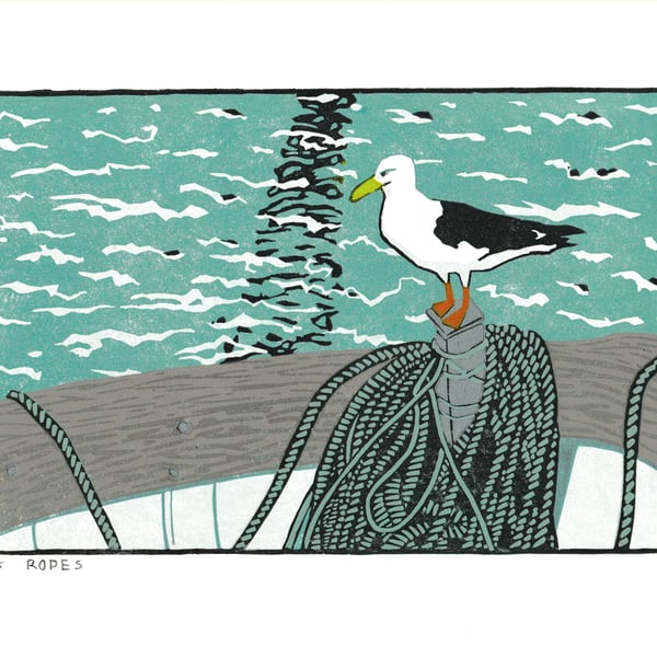 Ropes - Seagull On A Boat Linocut Print, Bird Seascape Print, A4 animal Wall