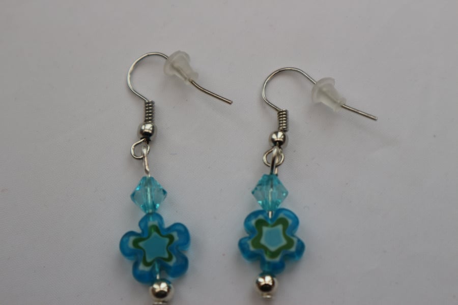 Silver plated beaded earrings- turquoise millefiori flower