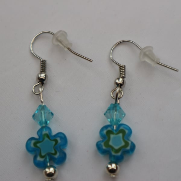 Silver plated beaded earrings- turquoise millefiori flower