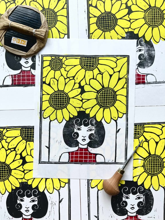 Sunflowers: original linocut print, whimsical joyful colorful wall art