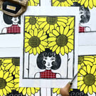 Sunflowers: original linocut print, whimsical joyful colorful wall art