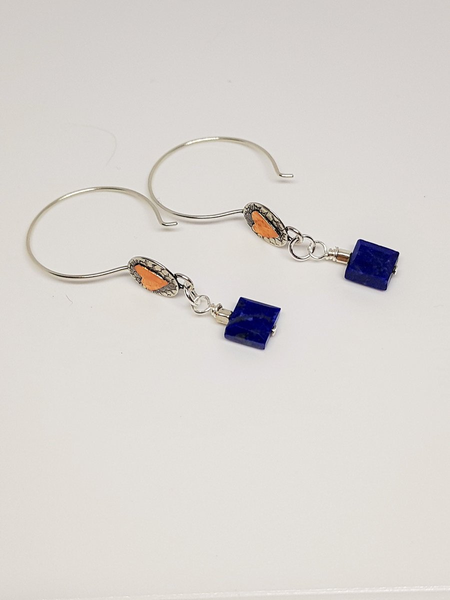 Lapis Lazuli Cube Bead and Copper Heart Handmade Sterling Silver Earrings